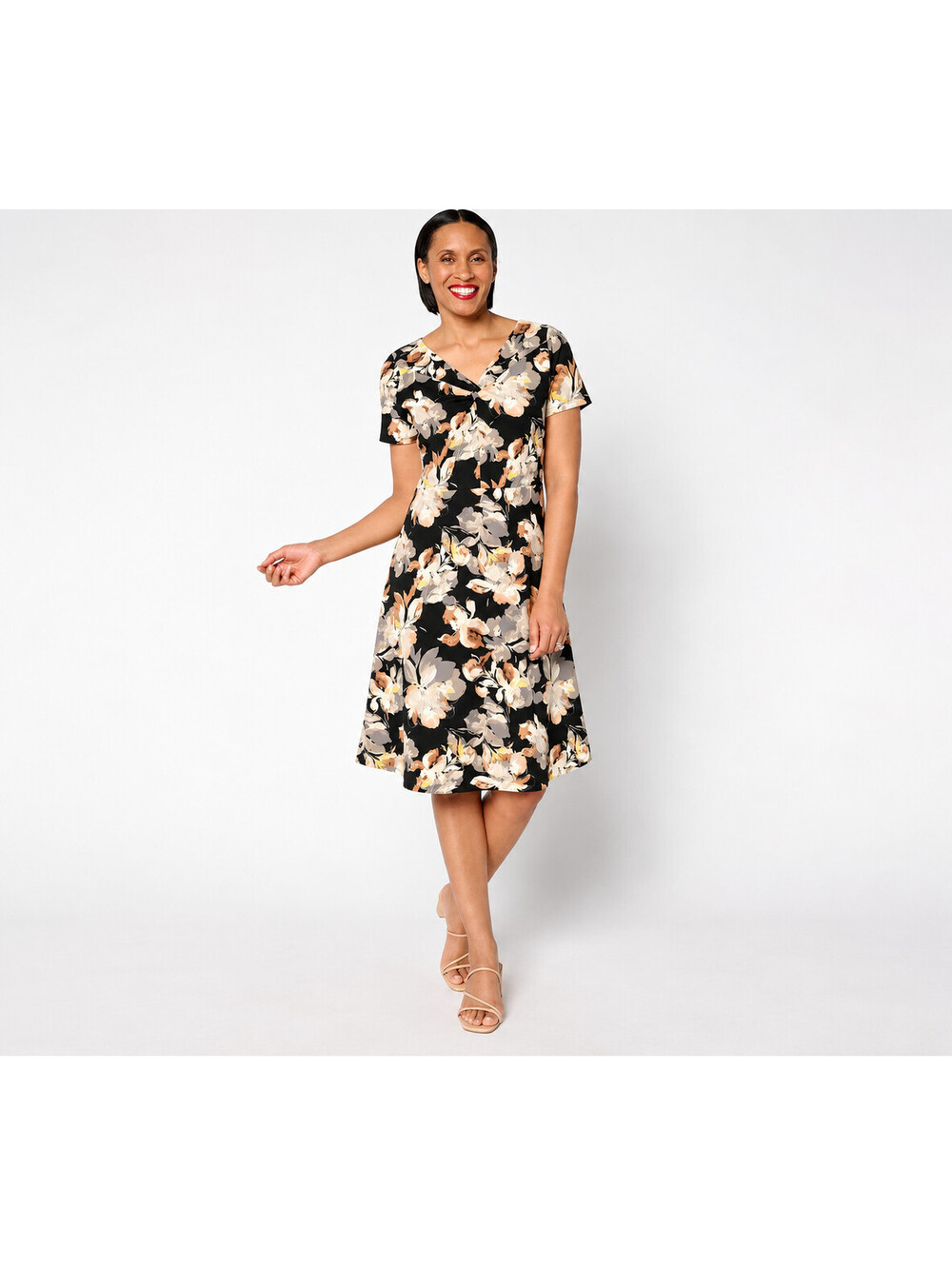 Isaac Mizrahi Live! Scuba Crepe Twist Front Dress Black Floral, Size Petite 4X